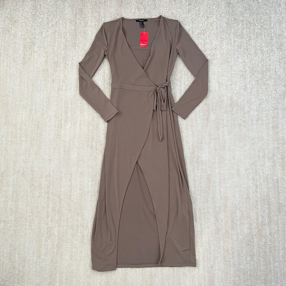NWT Forever 21 Boho Summer Wrap Long Sleeve Dress S Taupe